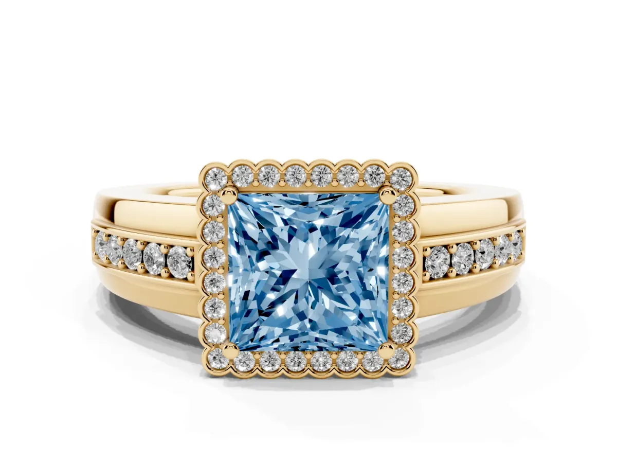 Fancy Blue Princess Cut Cut Halo Pave Band Four-Prong Ring Yellow gold