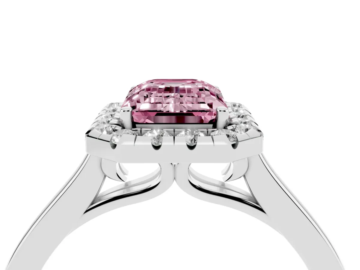 Fancy Pink Emerald Cut Halo Round Diamond Solitaire Ring with Pavé Band and Four-Prong Setting White gold