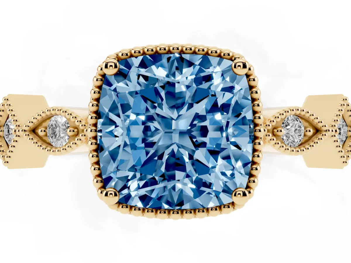 Fancy Blue Cushion Cut Milgrain Marquise Diamond Twist Band Ring Yellow gold