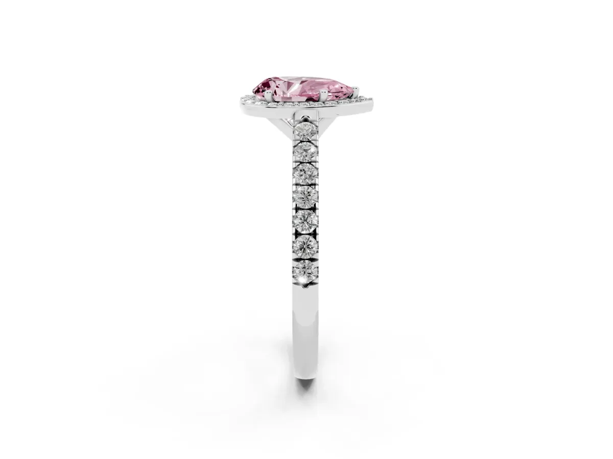 Fancy Pink Pear Cut Cut Halo Diamond Engagement Ring with Pave Band and Four-Prong Setting Platinum