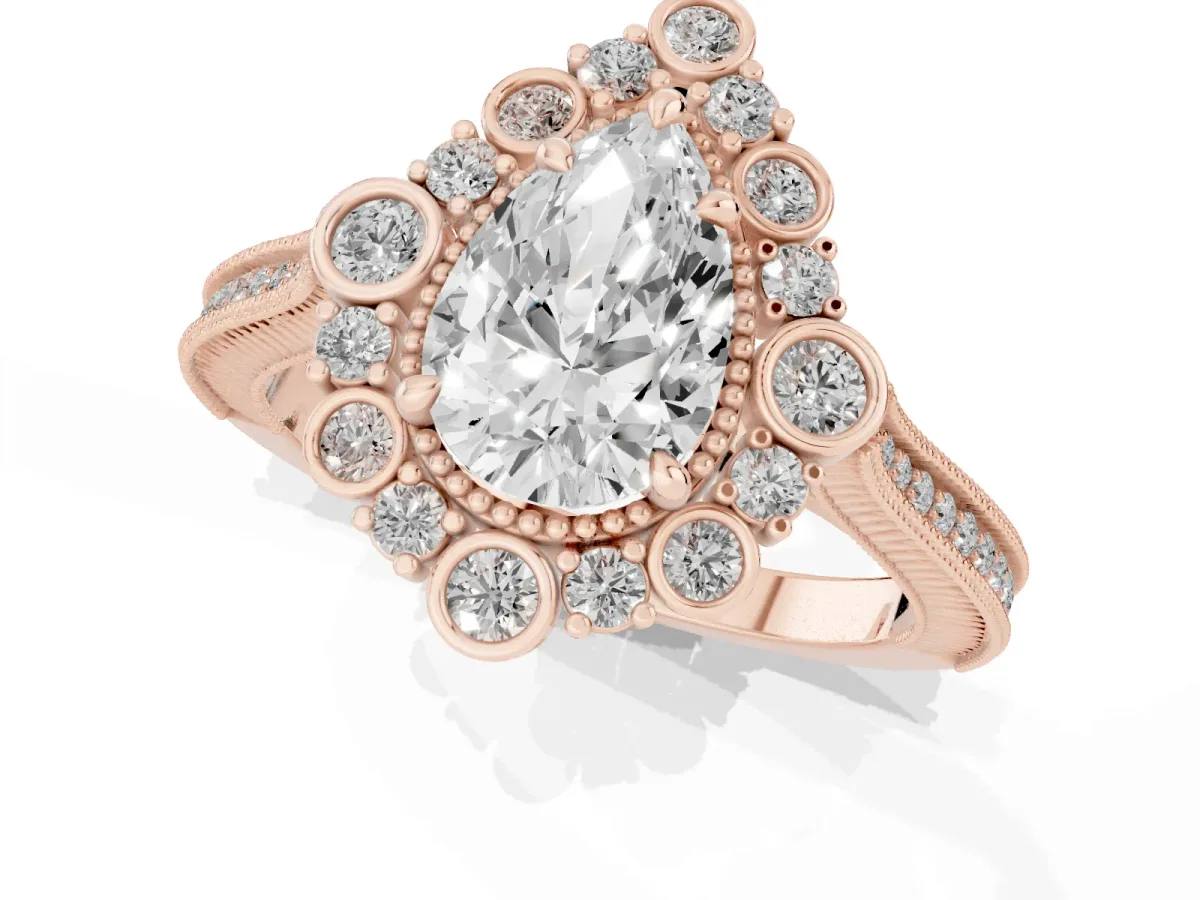 Pear Cut Halo Milgrain Pave Diamond Ring with Four-Prong Setting Rose gold