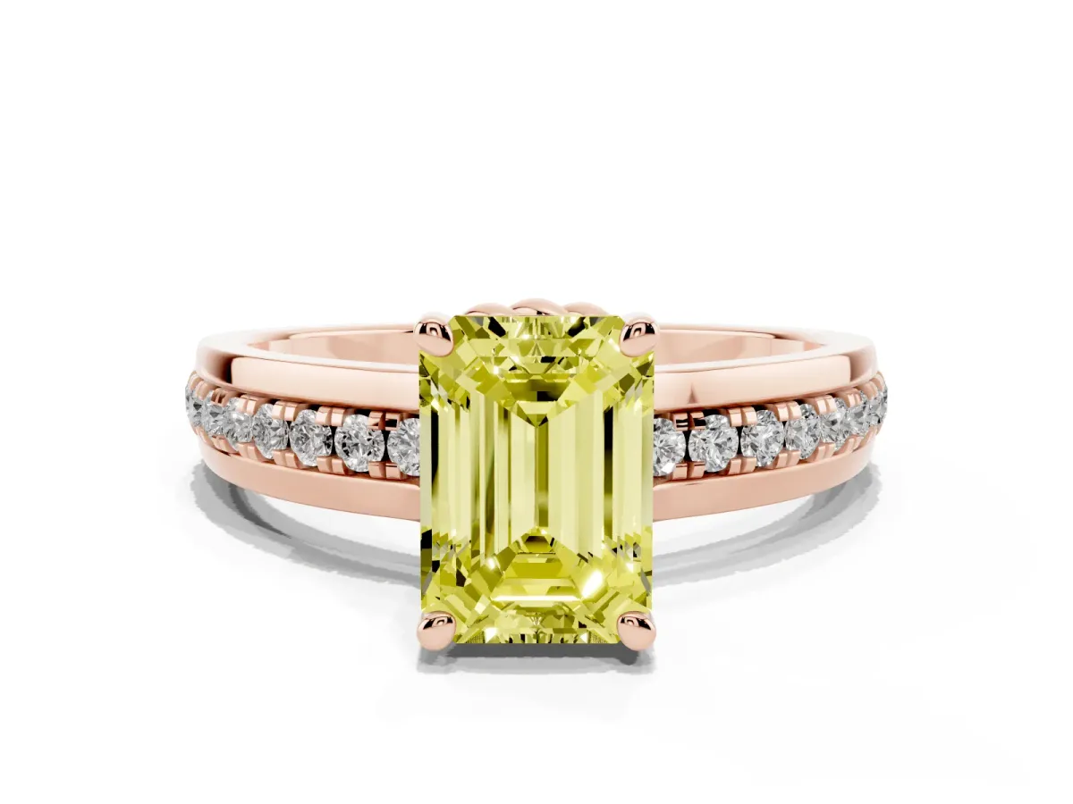 Fancy Yellow Emerald Cut Solitaire Diamond Ring with Channel Set Band and Six-Prong Setting Rose gold