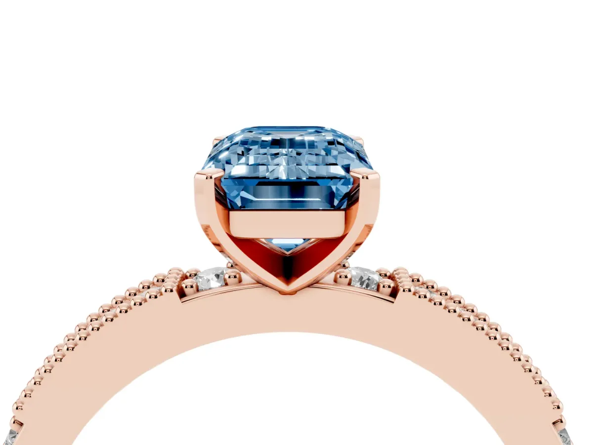 Fancy Blue Emerald Cut Solitaire with Pavé Band and Four-Prong Setting Rose gold