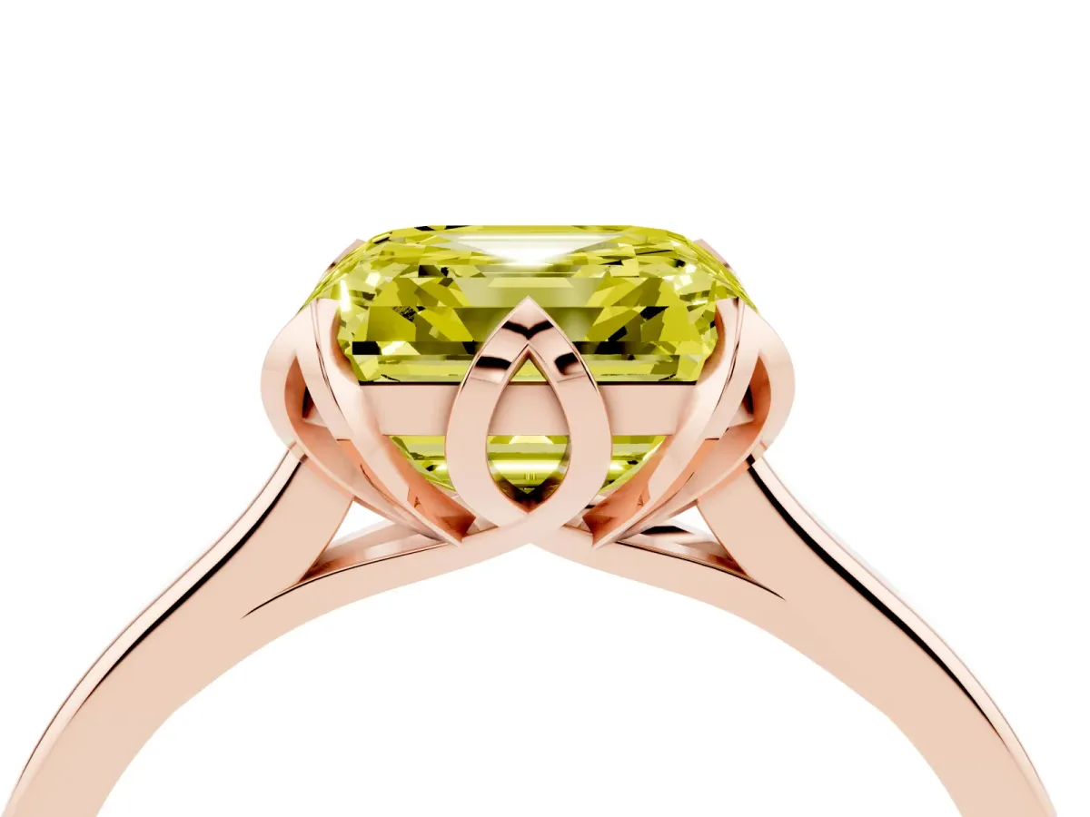 Fancy Yellow Asscher Cut Diamond Solitaire Ring with Flower Prong Setting and Classic Band Rose gold