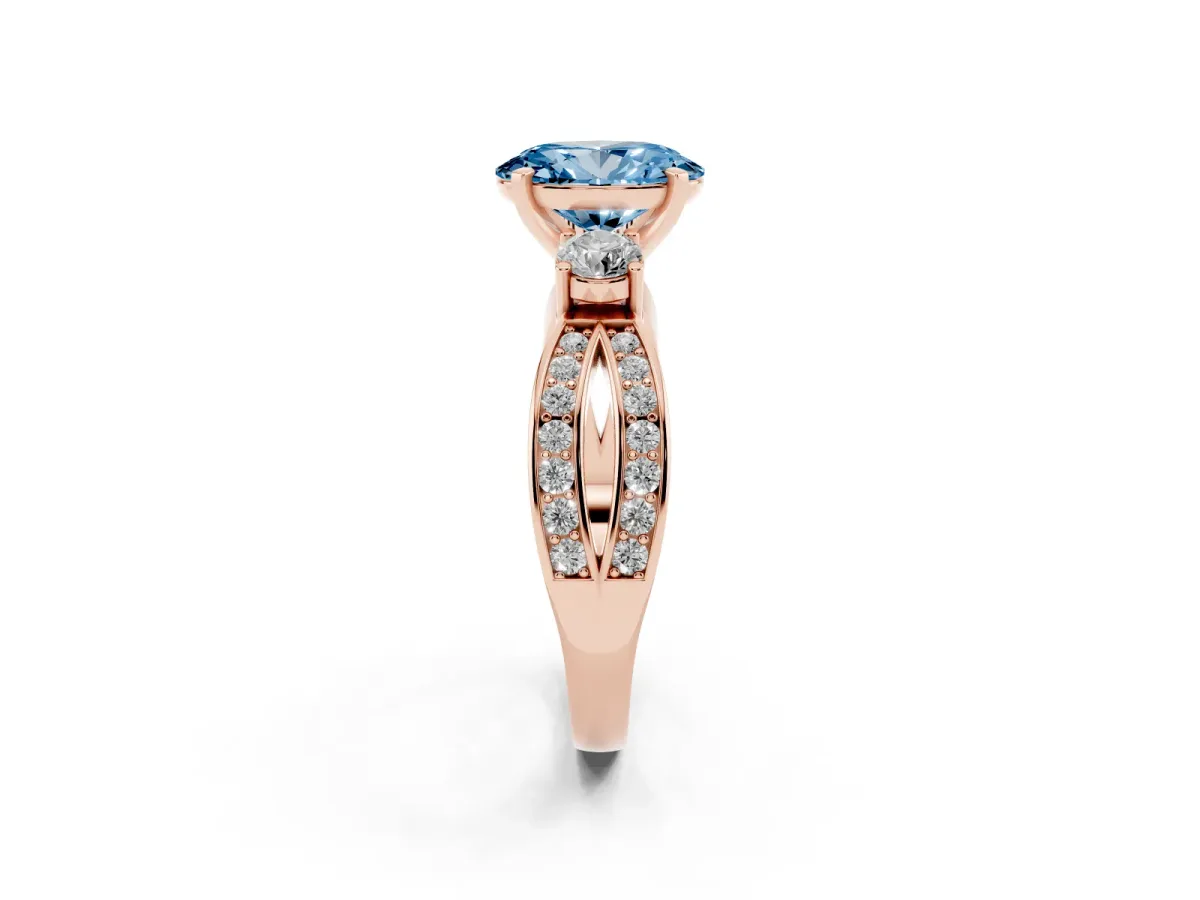 Fancy Blue Three-Stone Oval Cut Cut Diamond Twist Band with Prong Setting Rose gold
