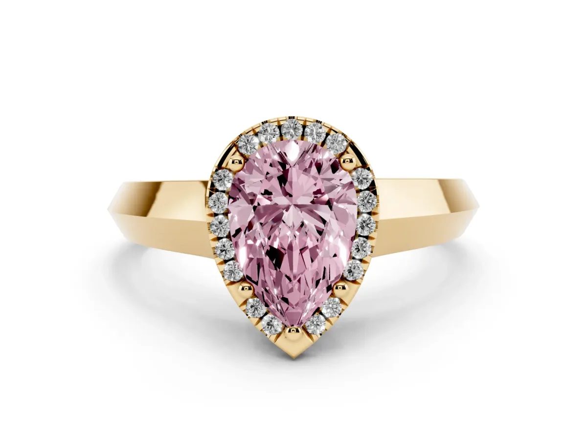 Fancy Pink Pear Cut Halo Diamond Ring with Cathedral Band and Four-Prong Setting Yellow gold