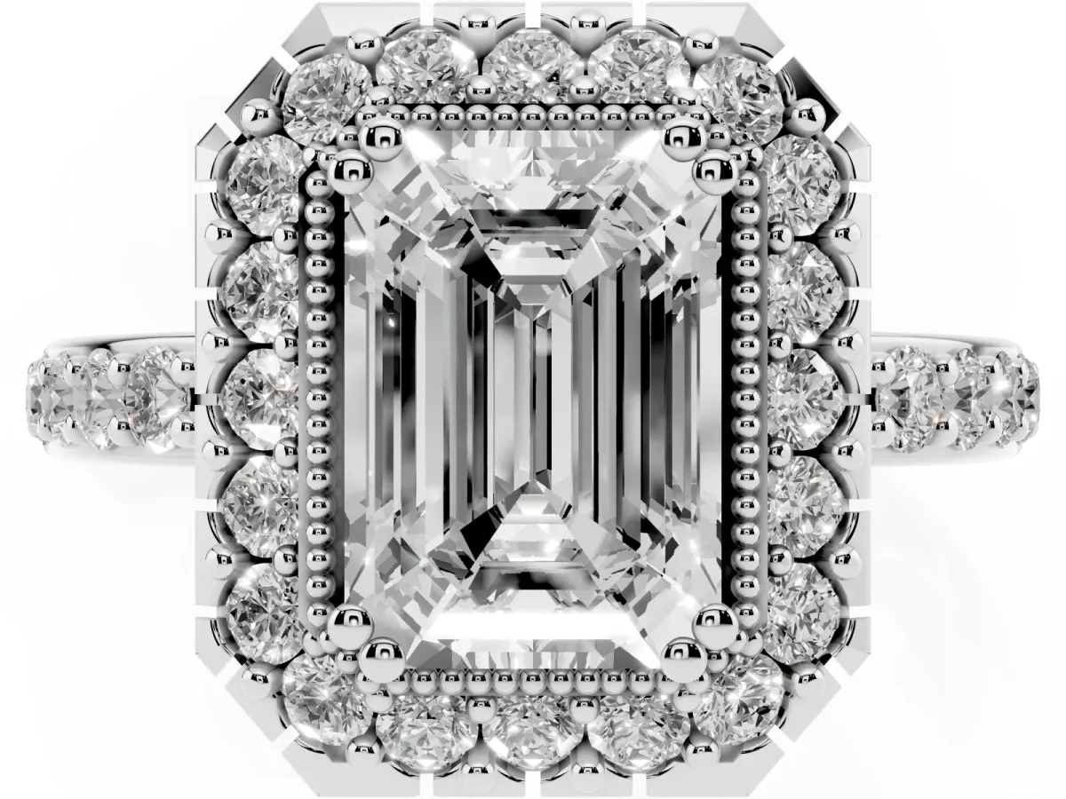 Emerald Cut Diamond Halo Ring with Pavé Band and Prong Setting Silver
