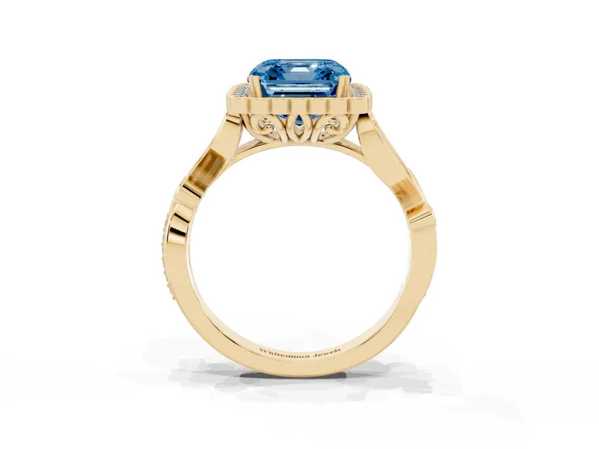 Fancy Blue Asscher Cut Diamond Halo Ring with Vintage Split Shank and Four-Prong Setting Yellow gold