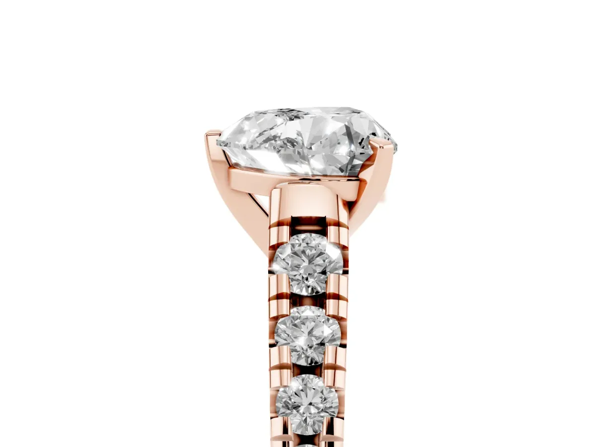 Heart Cut Diamond Cathedral Solitaire Ring with Round Pavé Band Rose gold