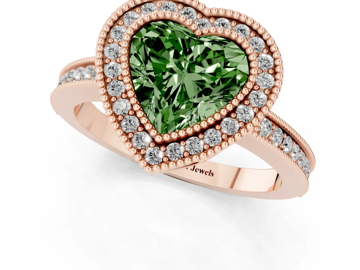 Fancy Green Heart Cut Cut Halo Diamond Ring with Pavé Band and Milgrain Prong Setting Rose gold