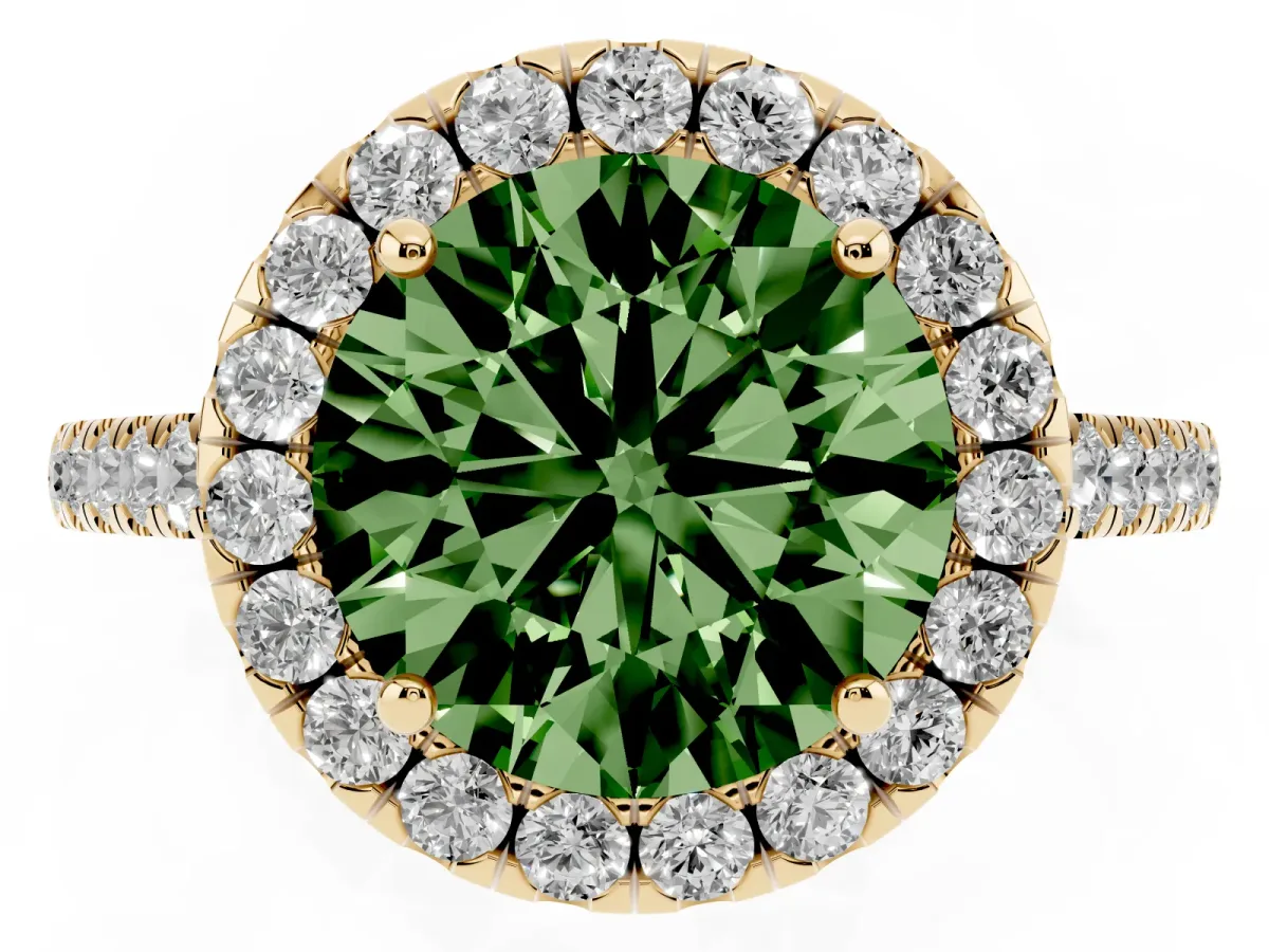 Fancy Green Round Cut Halo Pave Diamond Engagement Ring with Four-Prong Setting Yellow gold