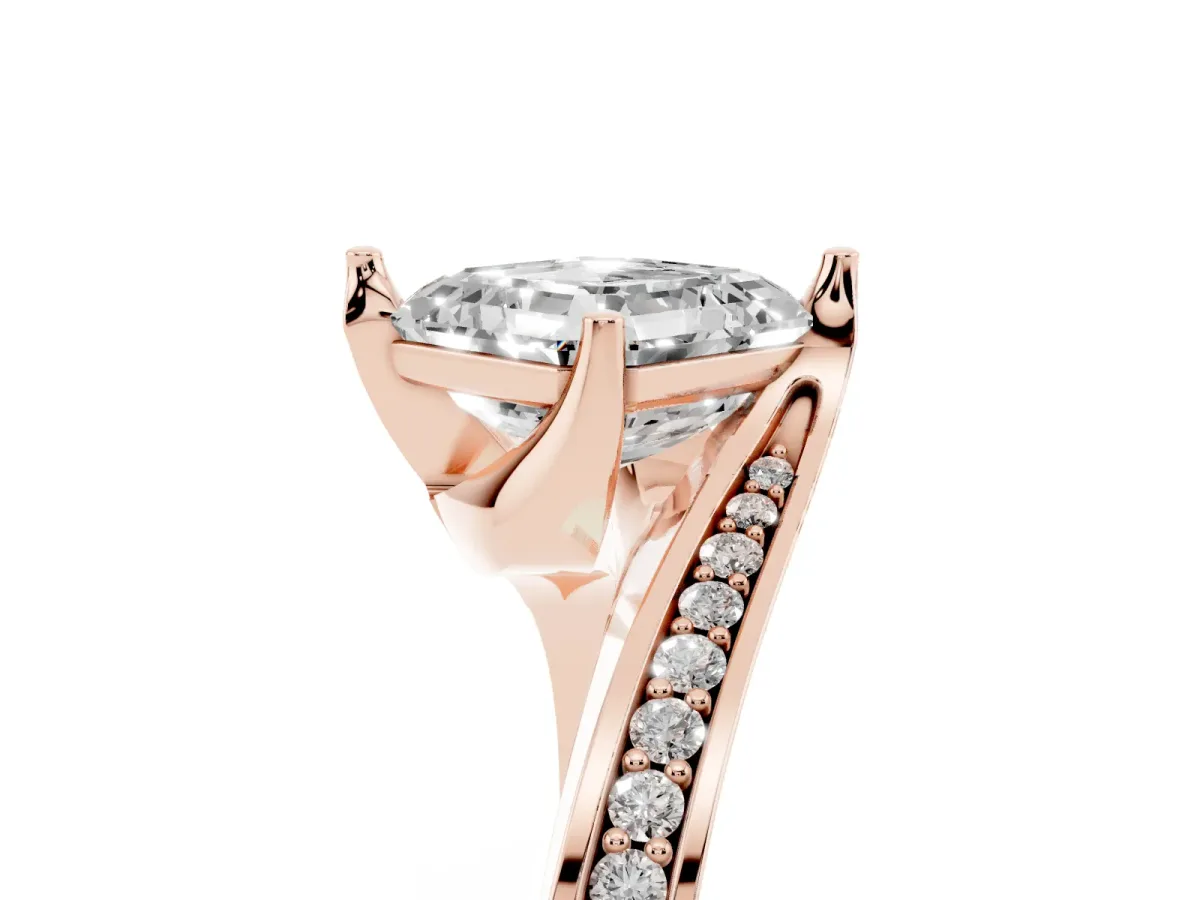 Asscher Cut Solitaire Diamond Twist Band with Pavé Setting and Four-Prong Setting Rose gold