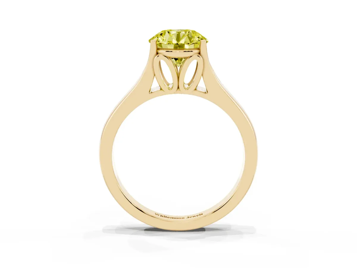 Fancy Yellow Round Cut Solitaire Diamond Ring with Cathedral Band and Four-Prong Setting Yellow gold