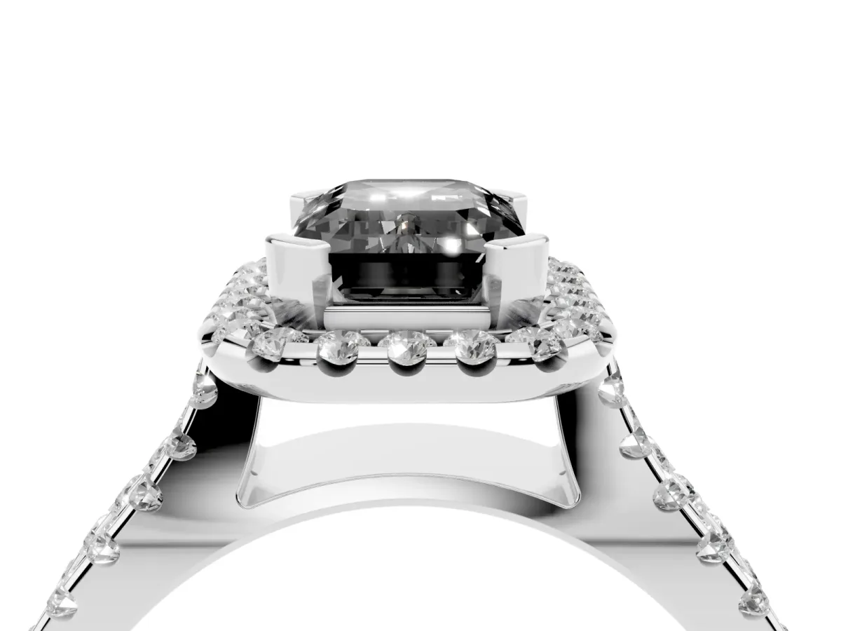 Fancy Black Emerald Cut Diamond Halo Ring with Split Shank Pavé Band and Prong Setting Platinum