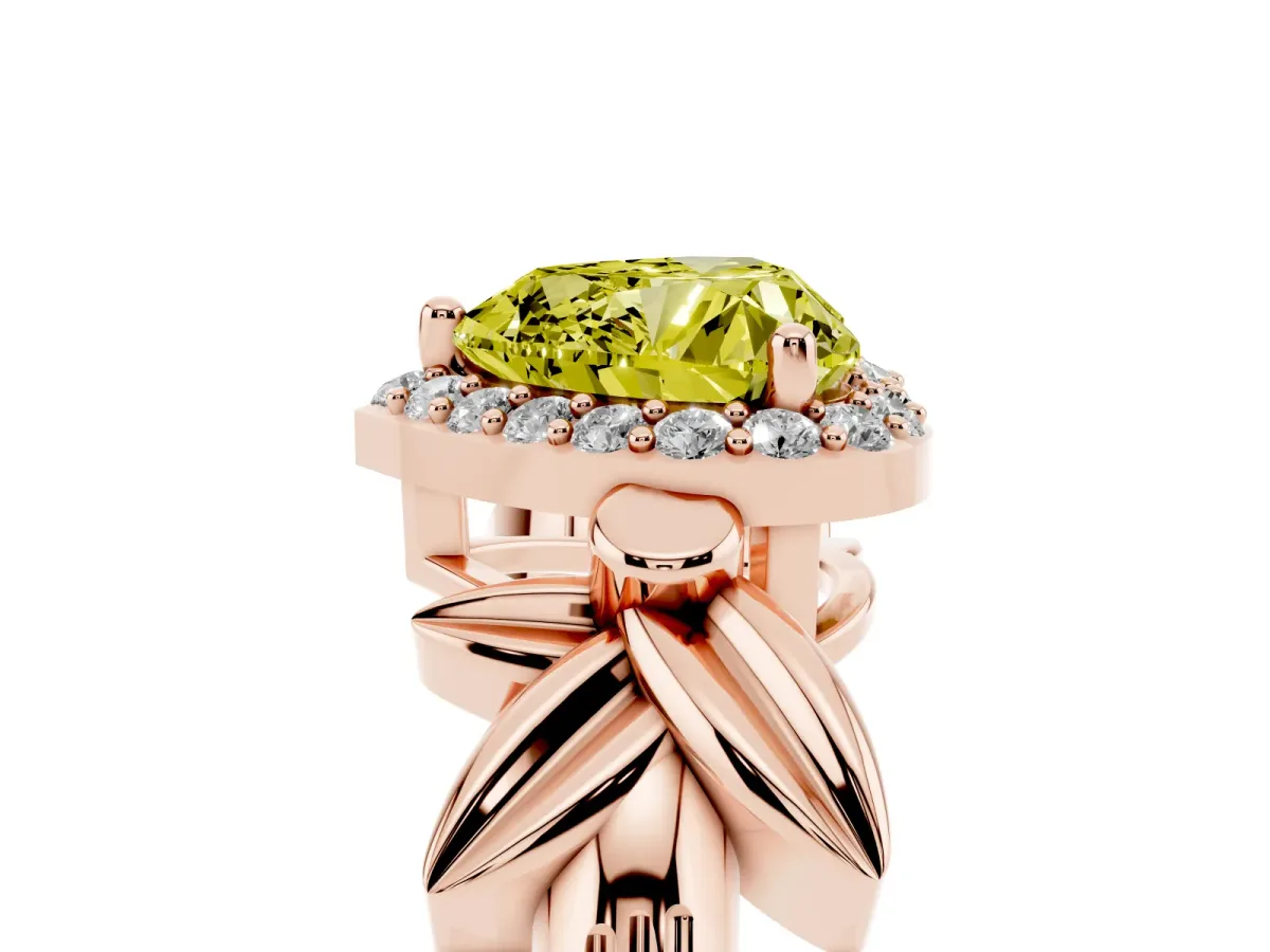 Fancy Yellow Heart Cut Halo Diamond Floral Band with Four-Prong Setting Rose gold