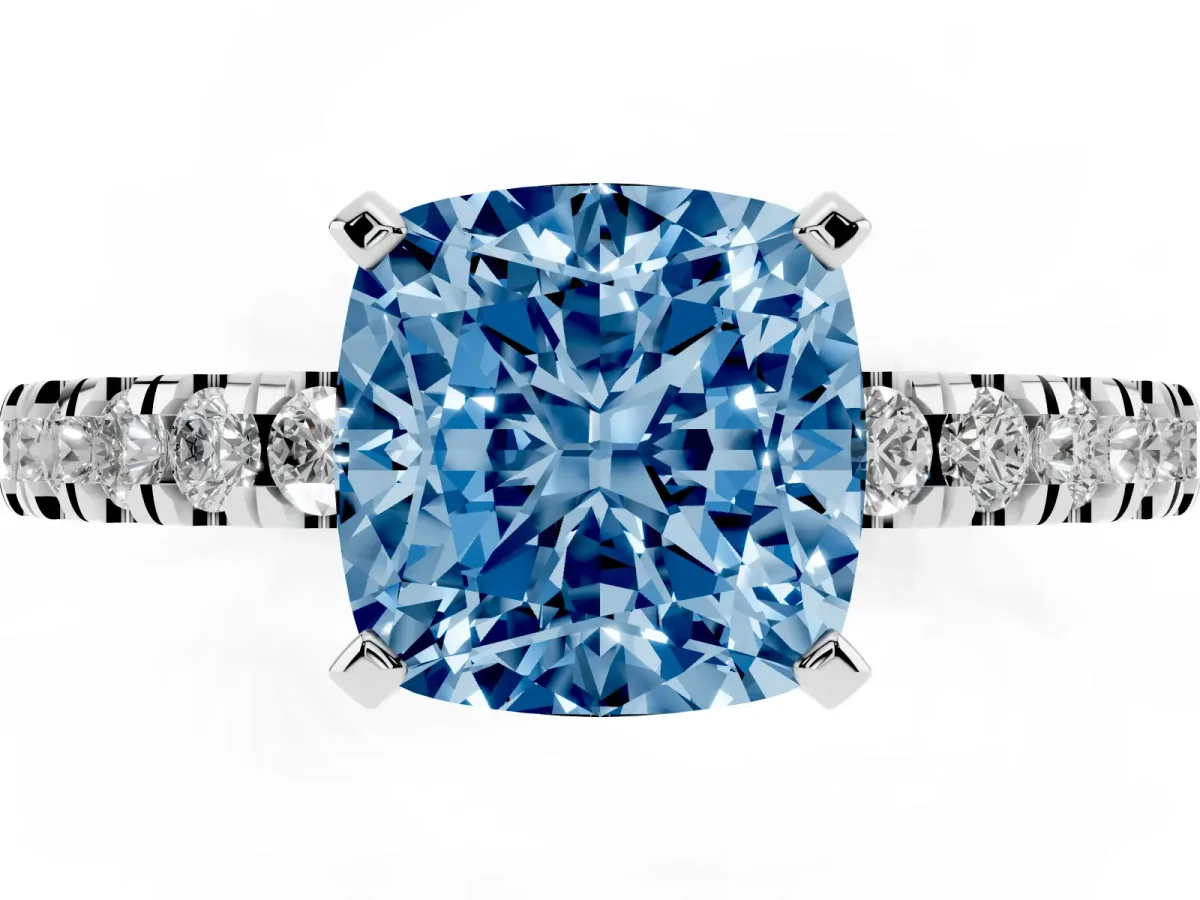 Fancy Blue Cushion Cut Solitaire Diamond with Pavé Band and Four-Prong Setting Silver