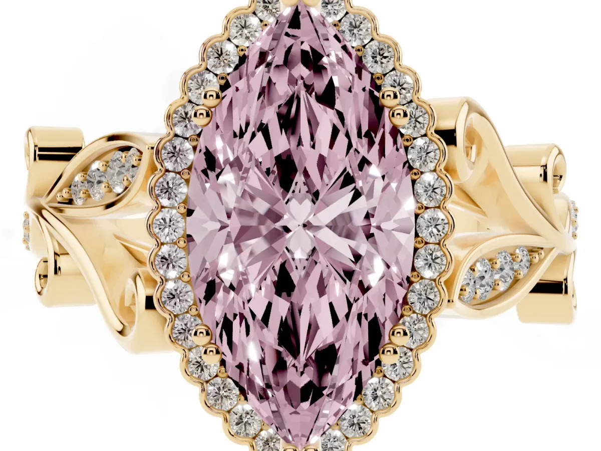 Fancy Pink Marquise Cut Diamond Halo Ring with Vintage Split Shank and Four-Prong Setting Yellow gold