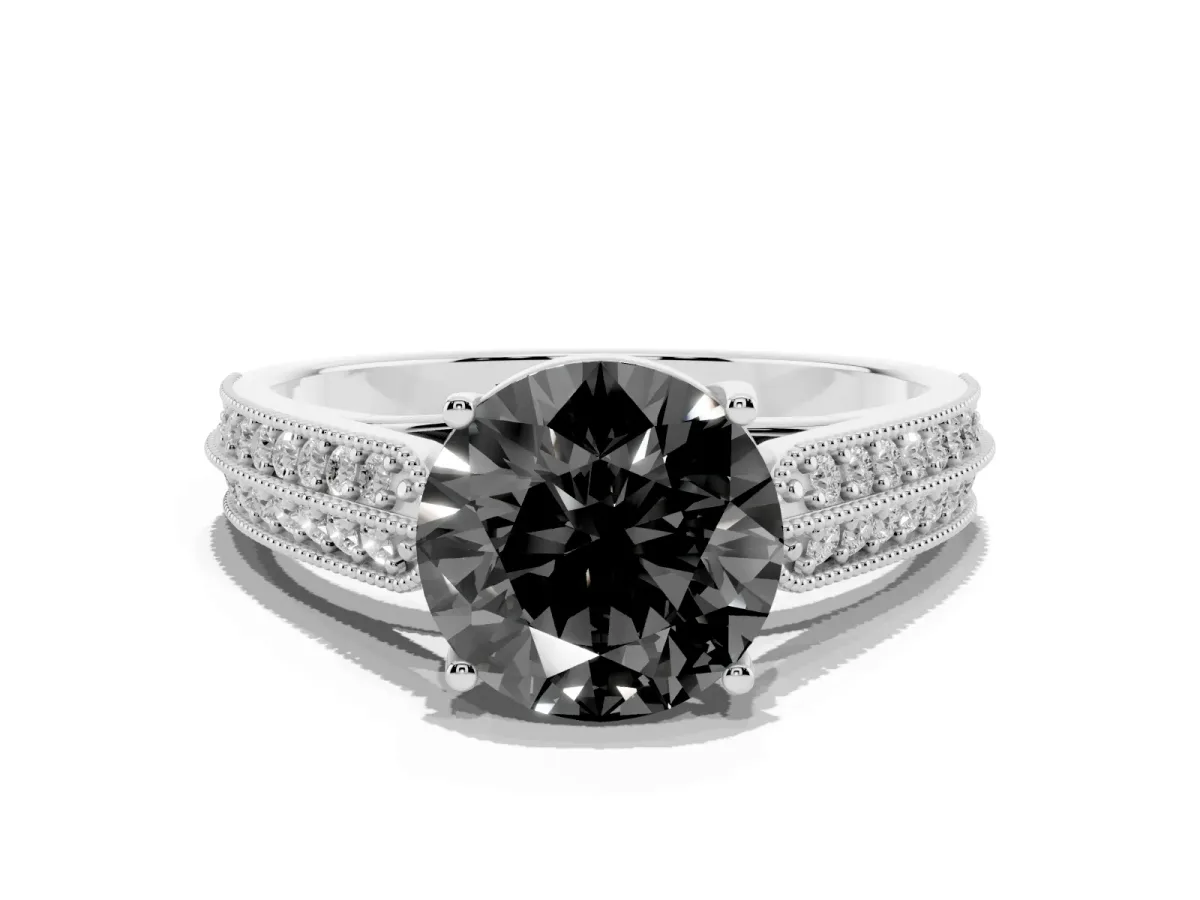 Fancy Black Round Cut Cut Pave Split Shank Engagement Ring with Four-Prong Setting Platinum