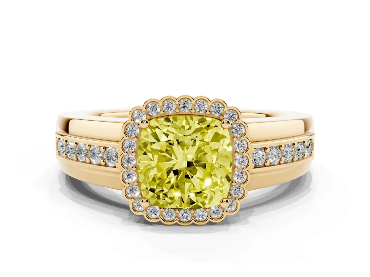 Fancy Yellow Cushion Cut Cut Halo Pave Band Four-Prong Ring Yellow gold