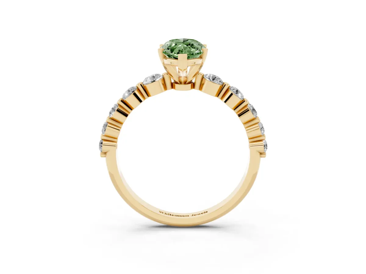 Fancy Green Marquise Cut Solitaire Diamond Ring with Pave Band and Four-Prong Setting Yellow gold
