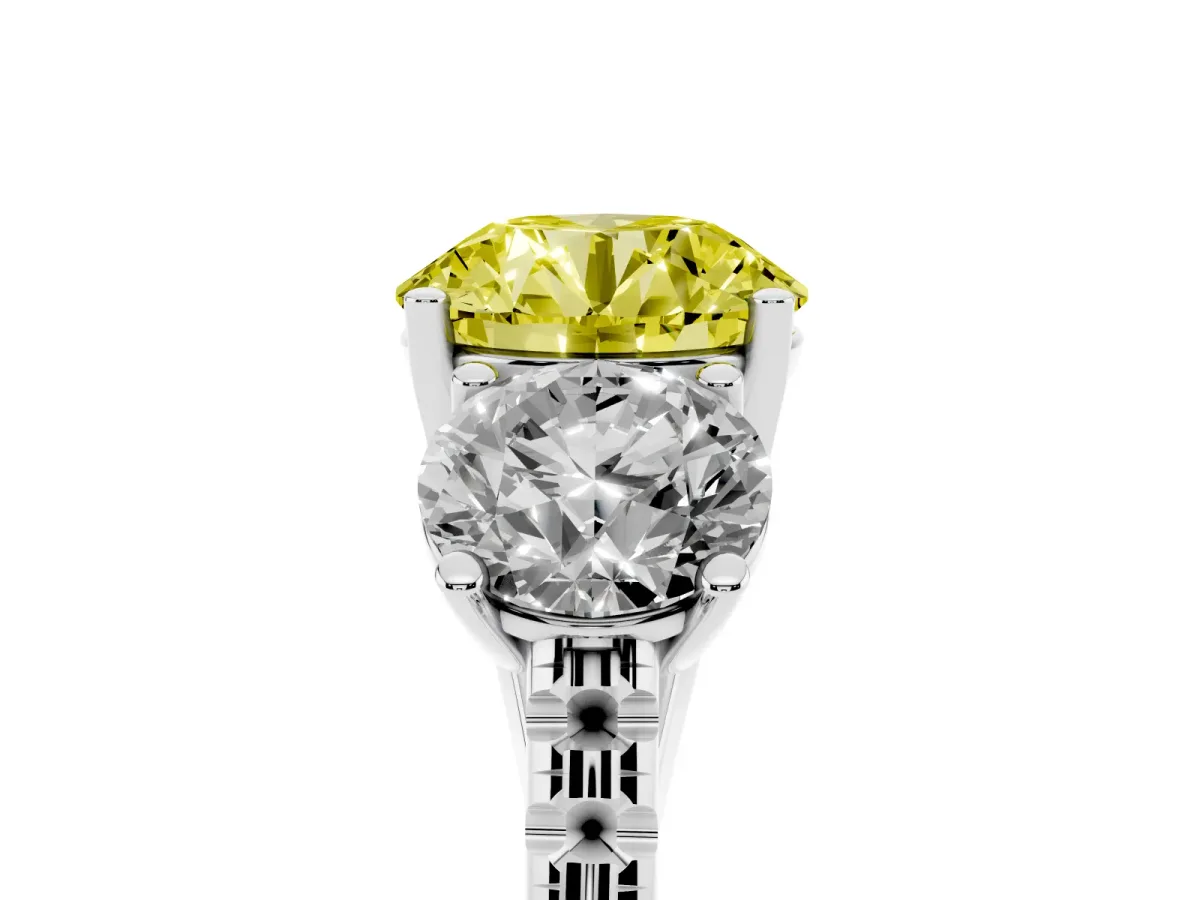 Fancy Yellow Three-Stone Round Cut Diamond Ring with Round Pavé Band and Prong Setting Silver