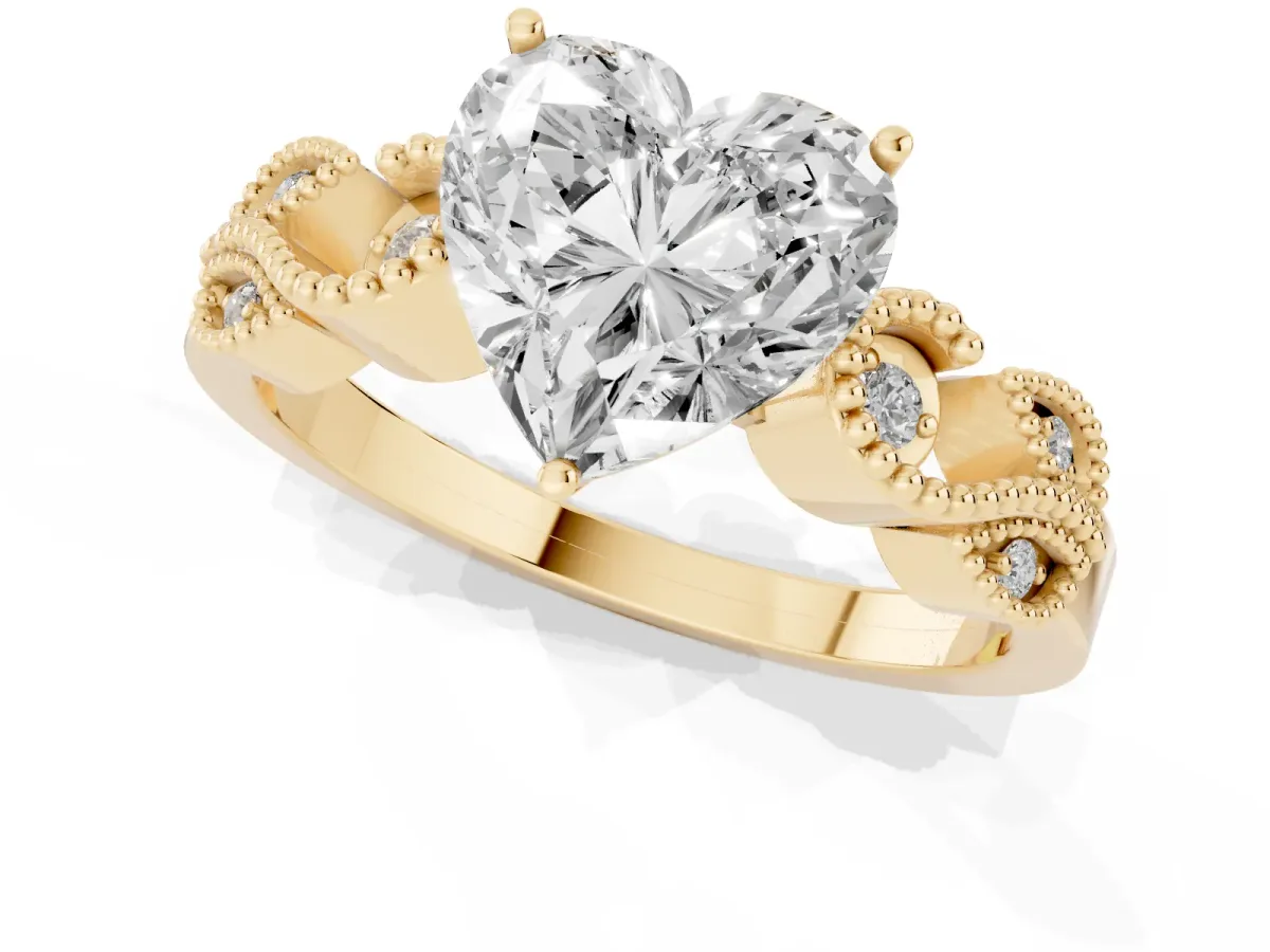 Heart Cut Solitaire Milgrain Leaf Band with Prong Setting Yellow gold