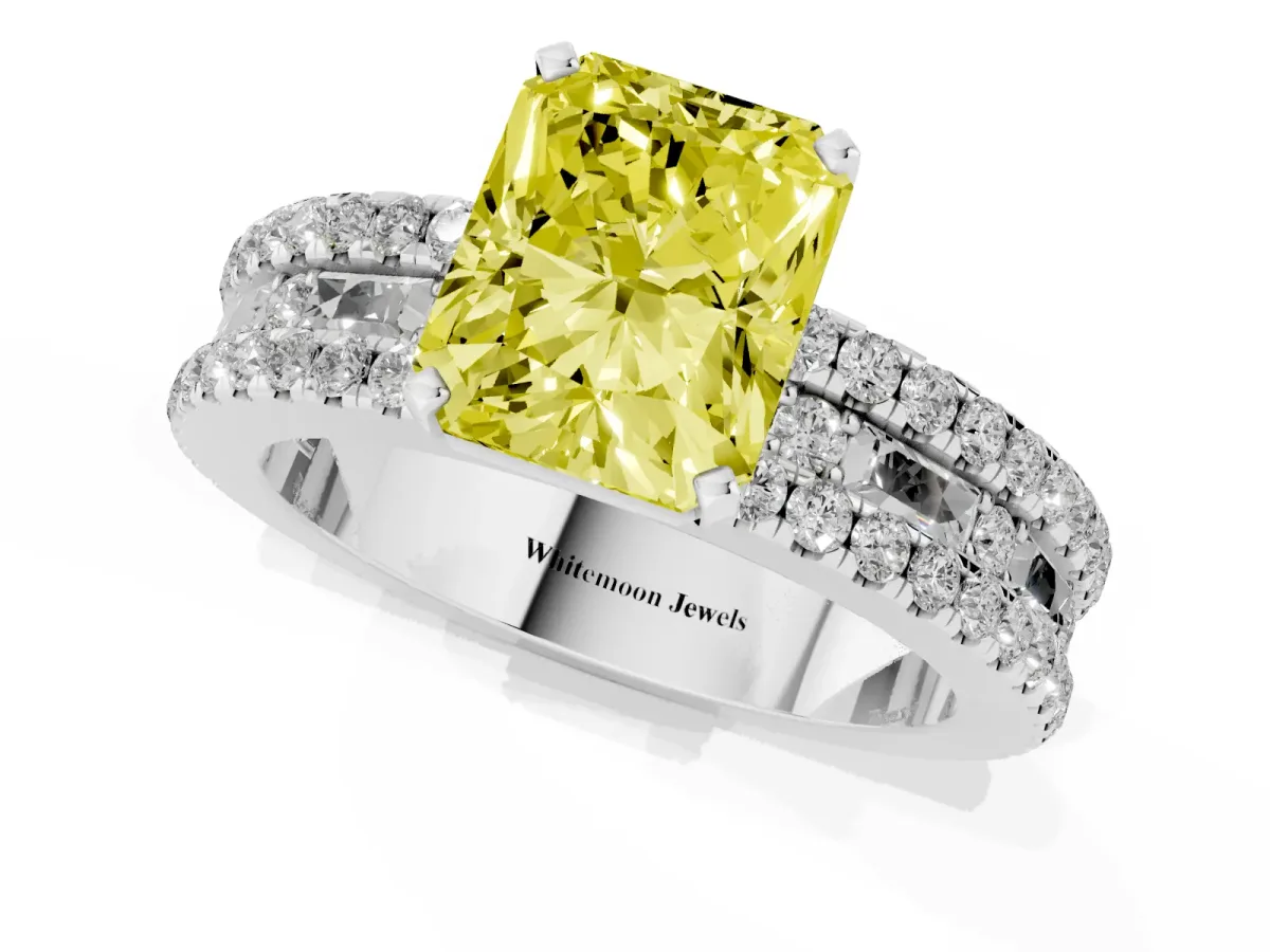 Fancy Yellow Radiant Cut Diamond Solitaire Ring with Pavé and Channel Set Band Platinum