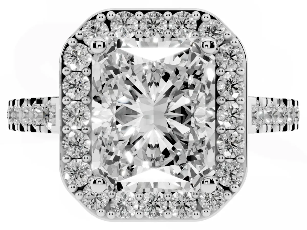 Radiant Cut Diamond Halo Ring with Round Pavé Split Shank and Prong Setting Silver