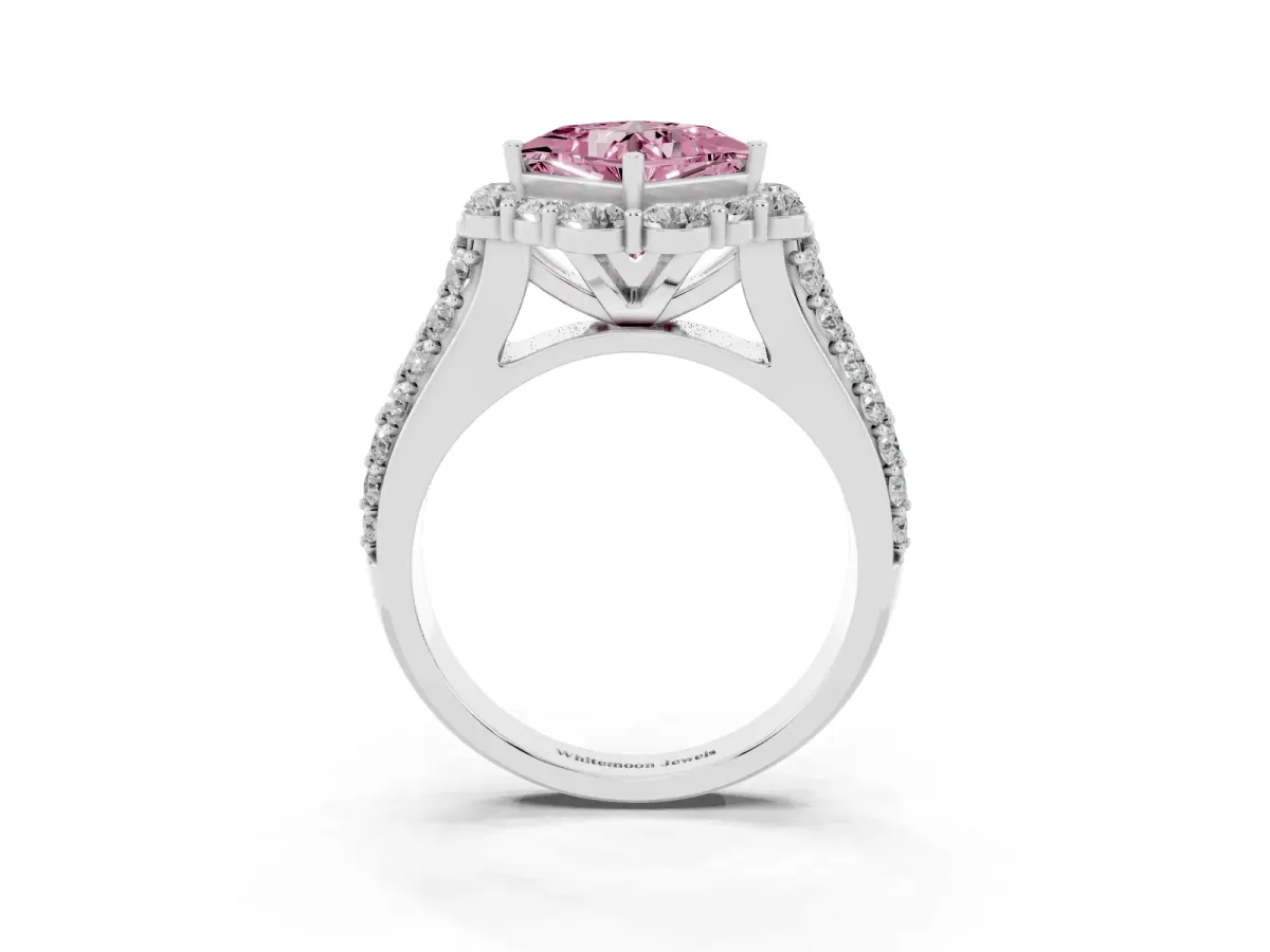 Fancy Pink Princess Cut Halo Diamond Engagement Ring with Split Shank and Prong Setting Silver