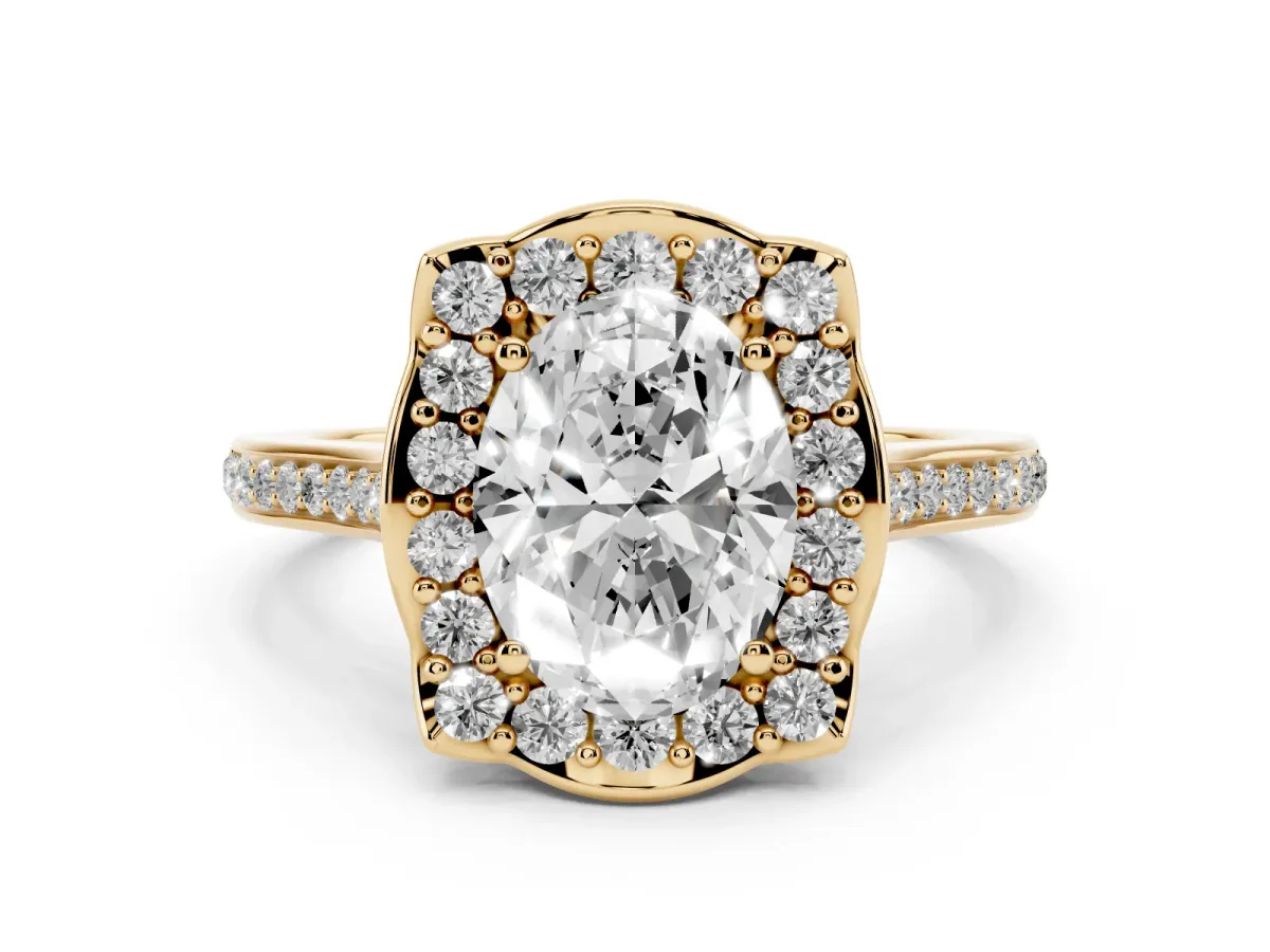 Oval Cut Halo Round Diamond Pave Band with Four-Prong Setting Yellow gold