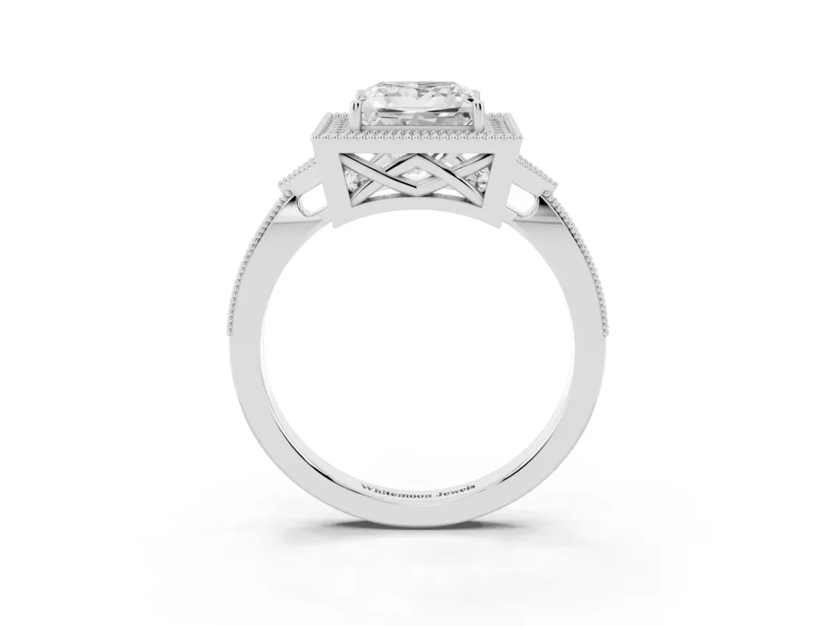 Princess Cut Halo Round Diamond Milgrain Pave Engagement Ring Silver