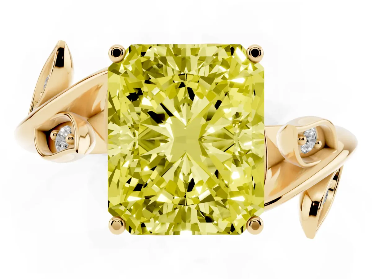 Fancy Yellow Radiant Cut Solitaire Twist Engagement Ring with Leaf Accents and Prong Setting Yellow gold