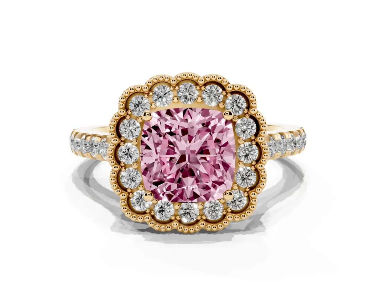 Fancy Pink Cushion Cut Cut Diamond Milgrain Floral Halo Engagement Ring with Pavé Band Yellow gold