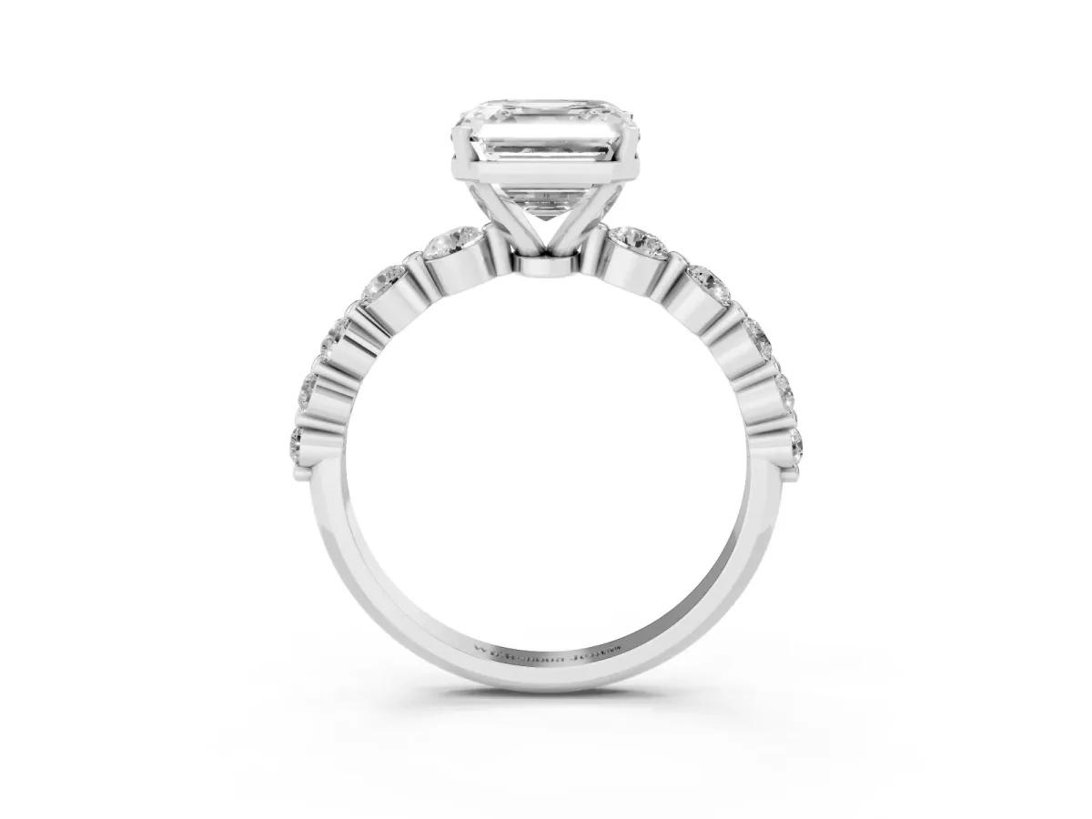 Asscher Cut Solitaire Diamond Ring with Pave Band and Four-Prong Setting Silver