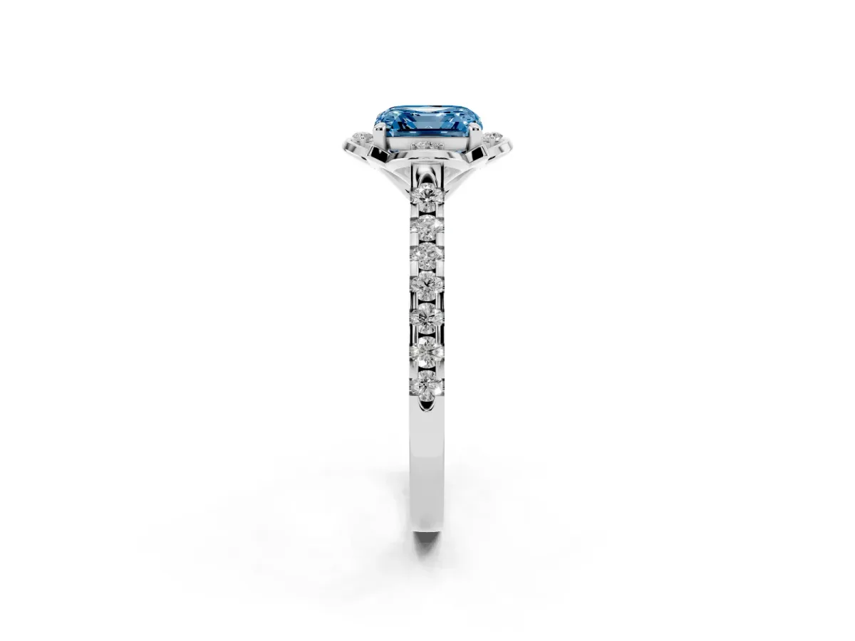 Fancy Blue Asscher Cut Diamond Ring with Pavé Band and Floral Prong Setting Silver