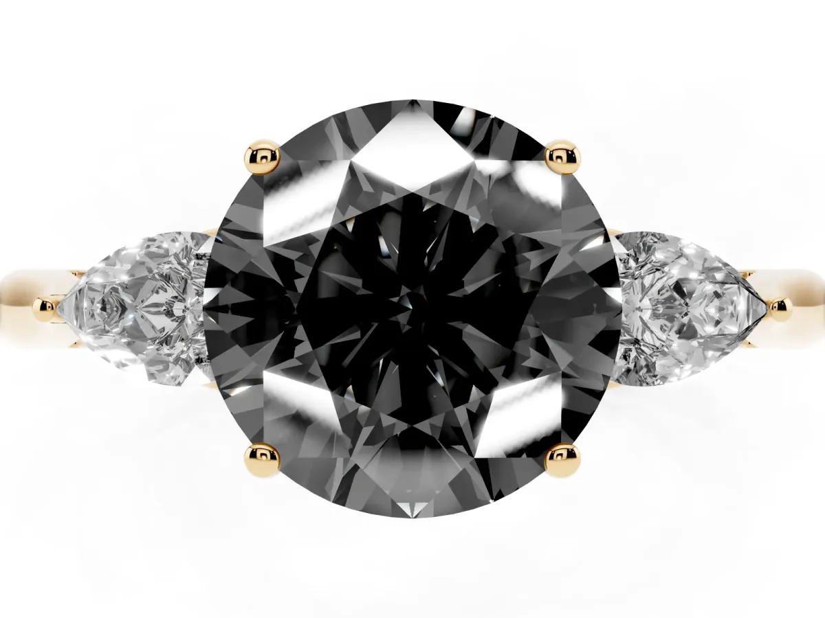 Fancy Black Round Cut Diamond Three-Stone Ring with Pear Side Stones and Prong Setting Yellow gold