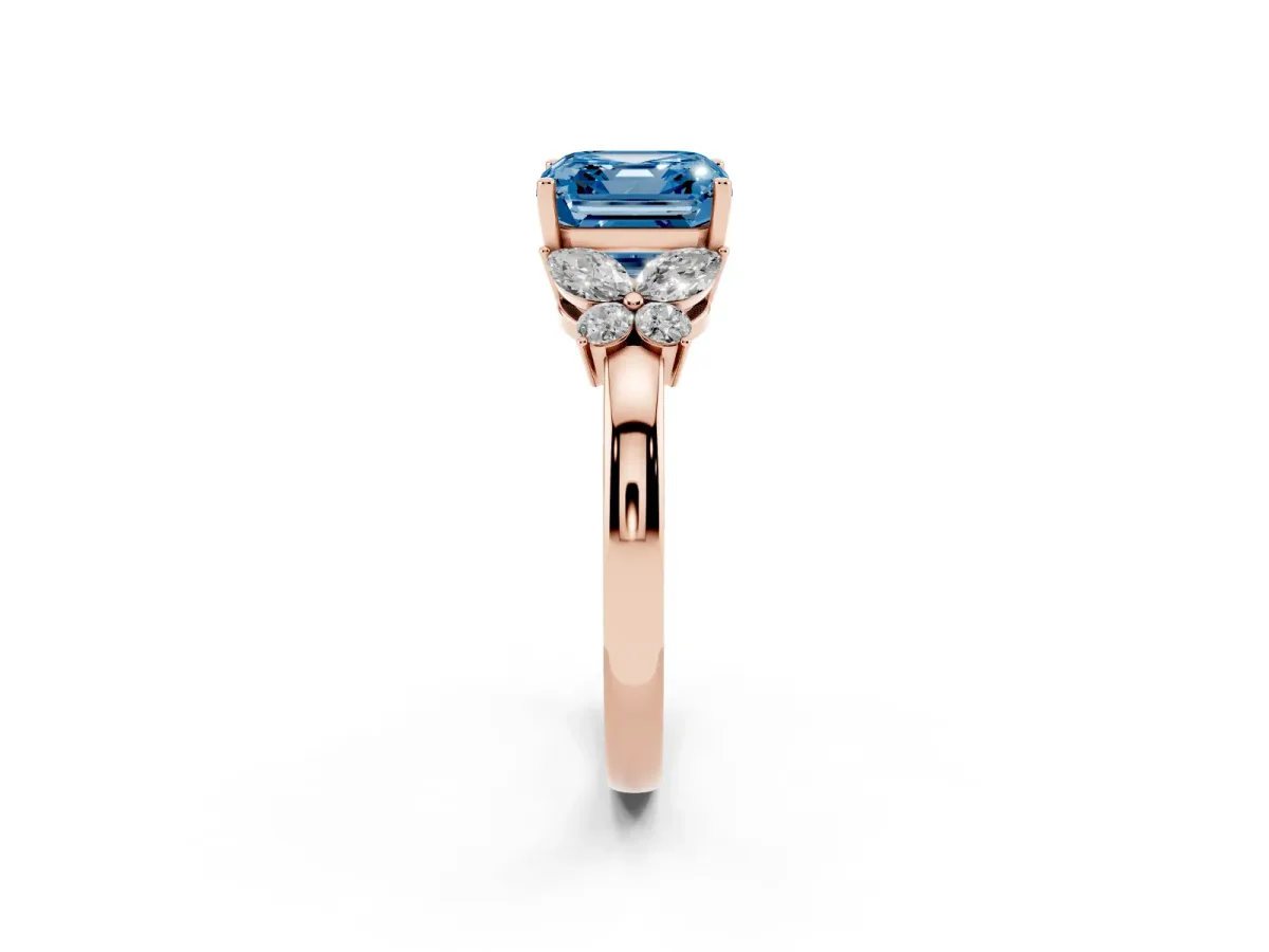 Fancy Blue Asscher Cut Cut Solitaire Floral Diamond Ring with Four-Prong Setting Rose gold