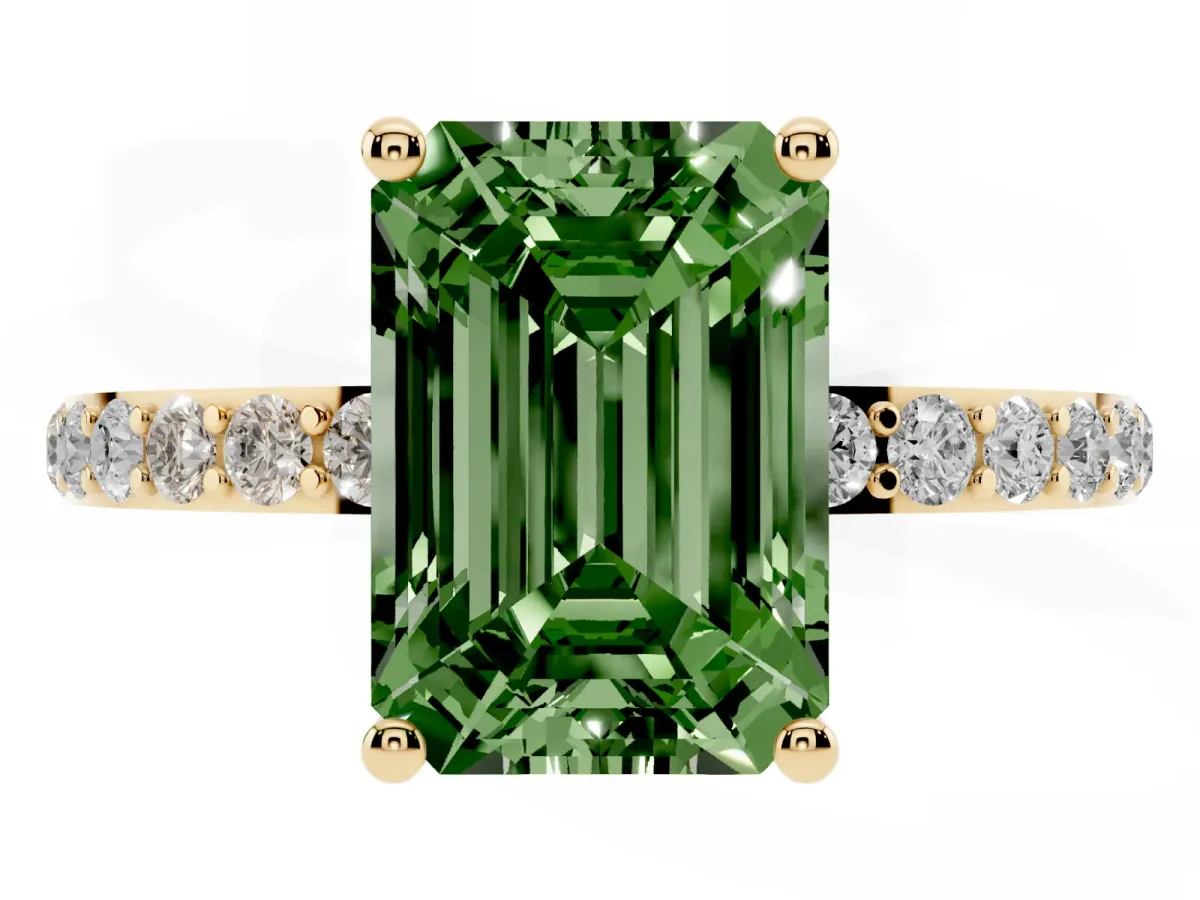 Fancy Green Emerald Cut Diamond Solitaire Ring with Round Pavé Shoulders and Prong Setting Yellow gold