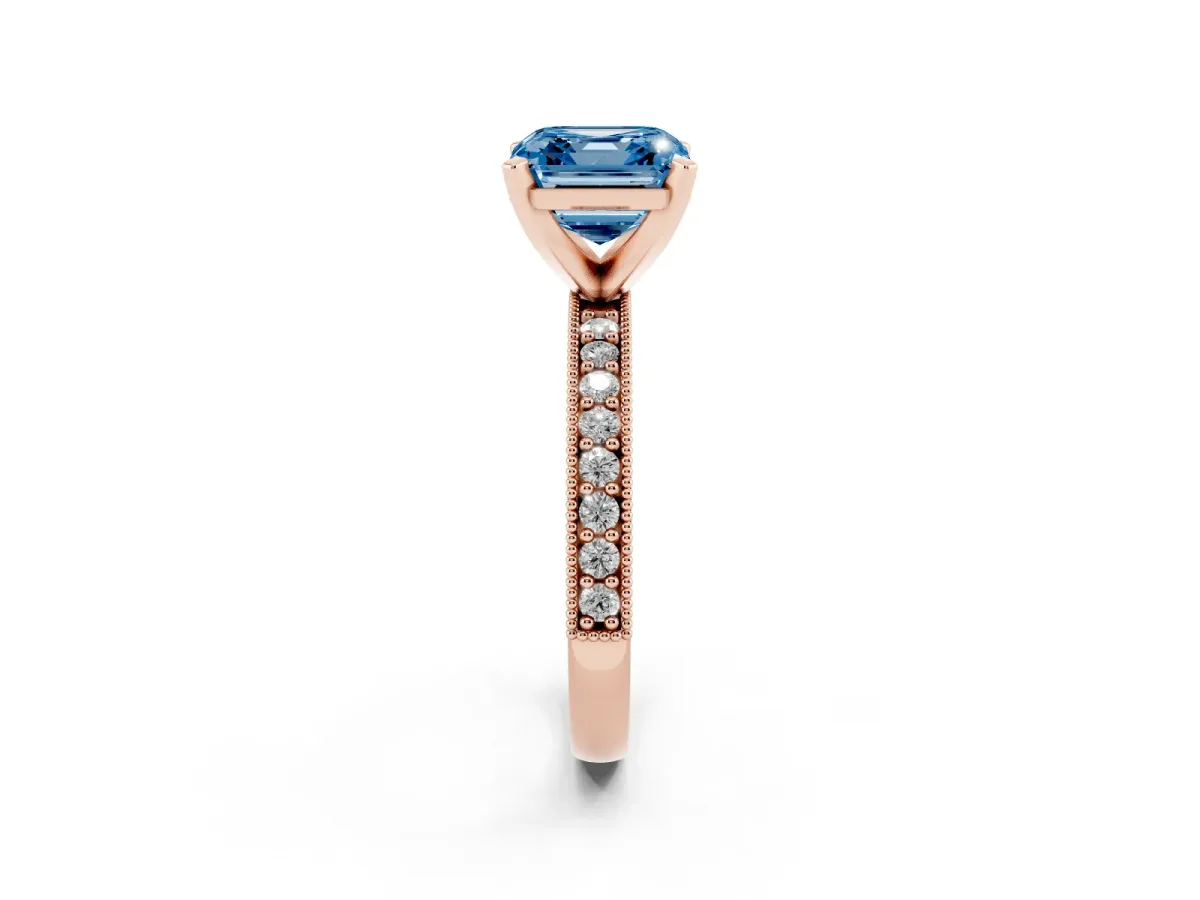 Fancy Blue Asscher Cut Diamond Milgrain Pavé Engagement Ring with Four-Prong Setting Rose gold