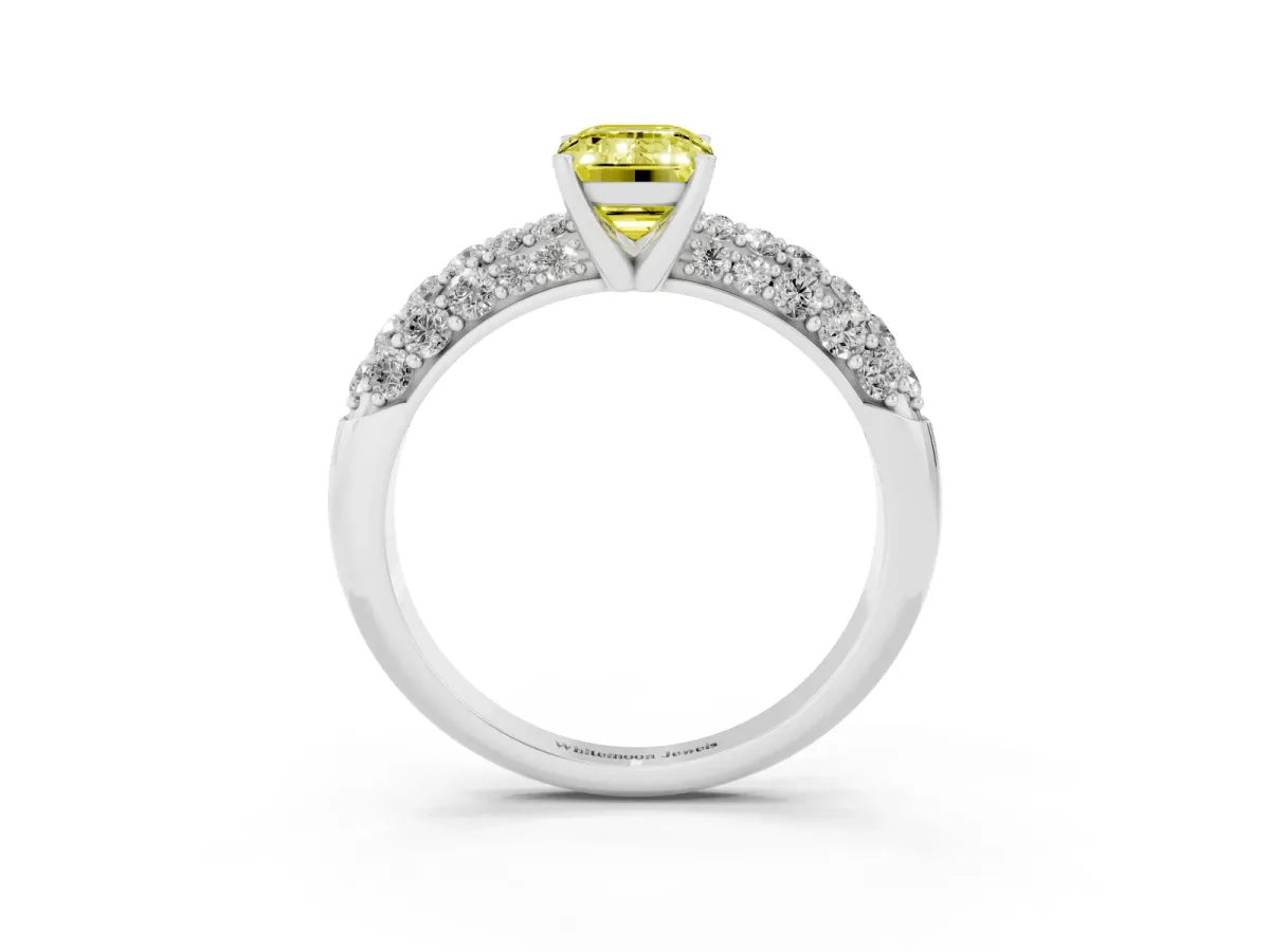 Fancy Yellow Emerald Cut Diamond Pavé Band Solitaire Ring with Four-Prong Setting White gold