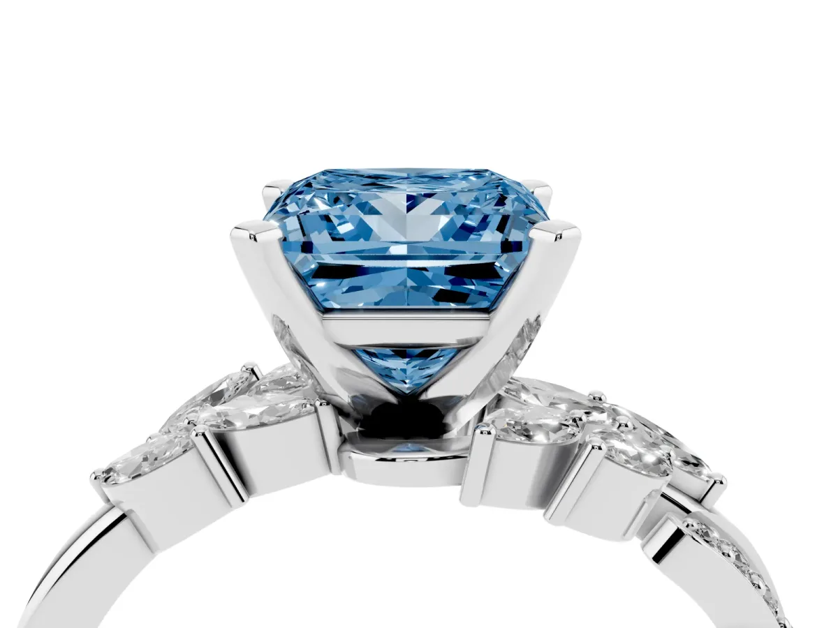 Fancy Blue Princess Cut Solitaire Marquise Twist Band with Six-Prong Setting Silver