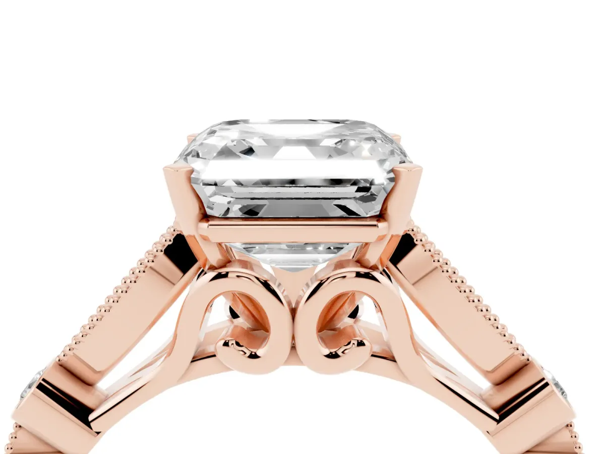 Asscher Cut Cut Diamond with Milgrain Marquise and Bezel Accents on a Solitaire Band with Prong Setting Rose gold
