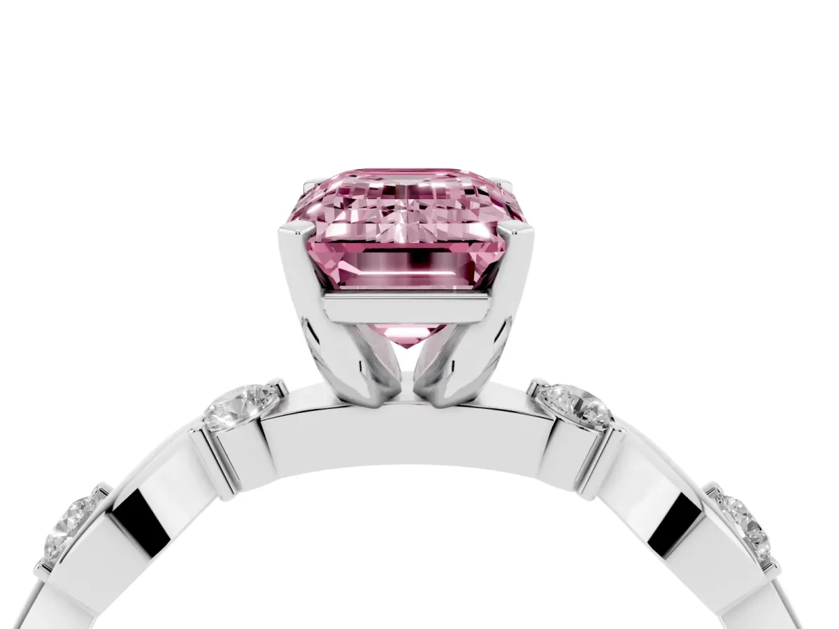 Fancy Pink Emerald Cut Diamond Solitaire Twisted Band with Round Accents and Prong Setting Silver