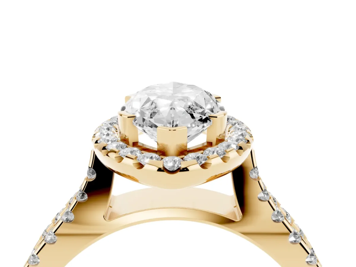 Marquise Cut Diamond Halo Ring with Split Shank Pavé Band and Prong Setting Yellow gold