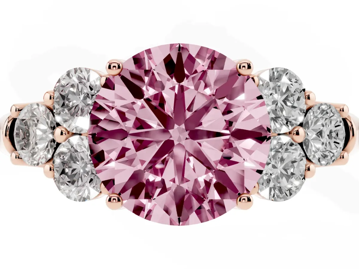 Fancy Pink Round Cut Cut Diamond Cluster Ring with Round Accent Stones and Prong Setting on a Classic Band Rose gold