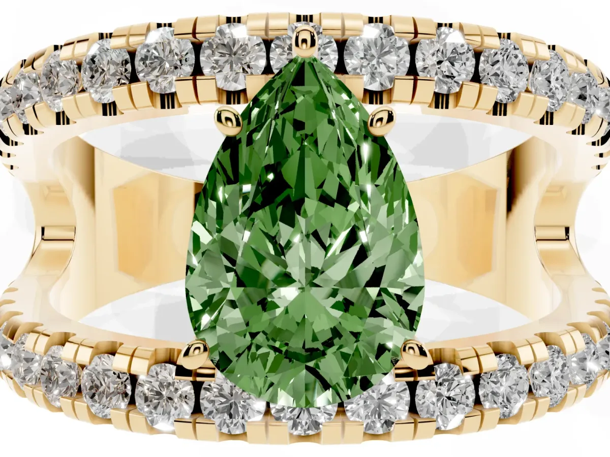 Fancy Green Pear Cut Solitaire Split Shank Pave Diamond Ring Yellow gold