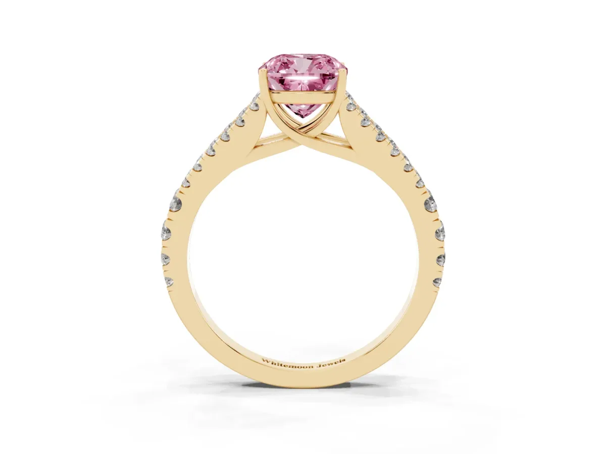 Fancy Pink Cushion Cut Diamond Split Shank Pavé Engagement Ring with Four-Prong Setting Yellow gold