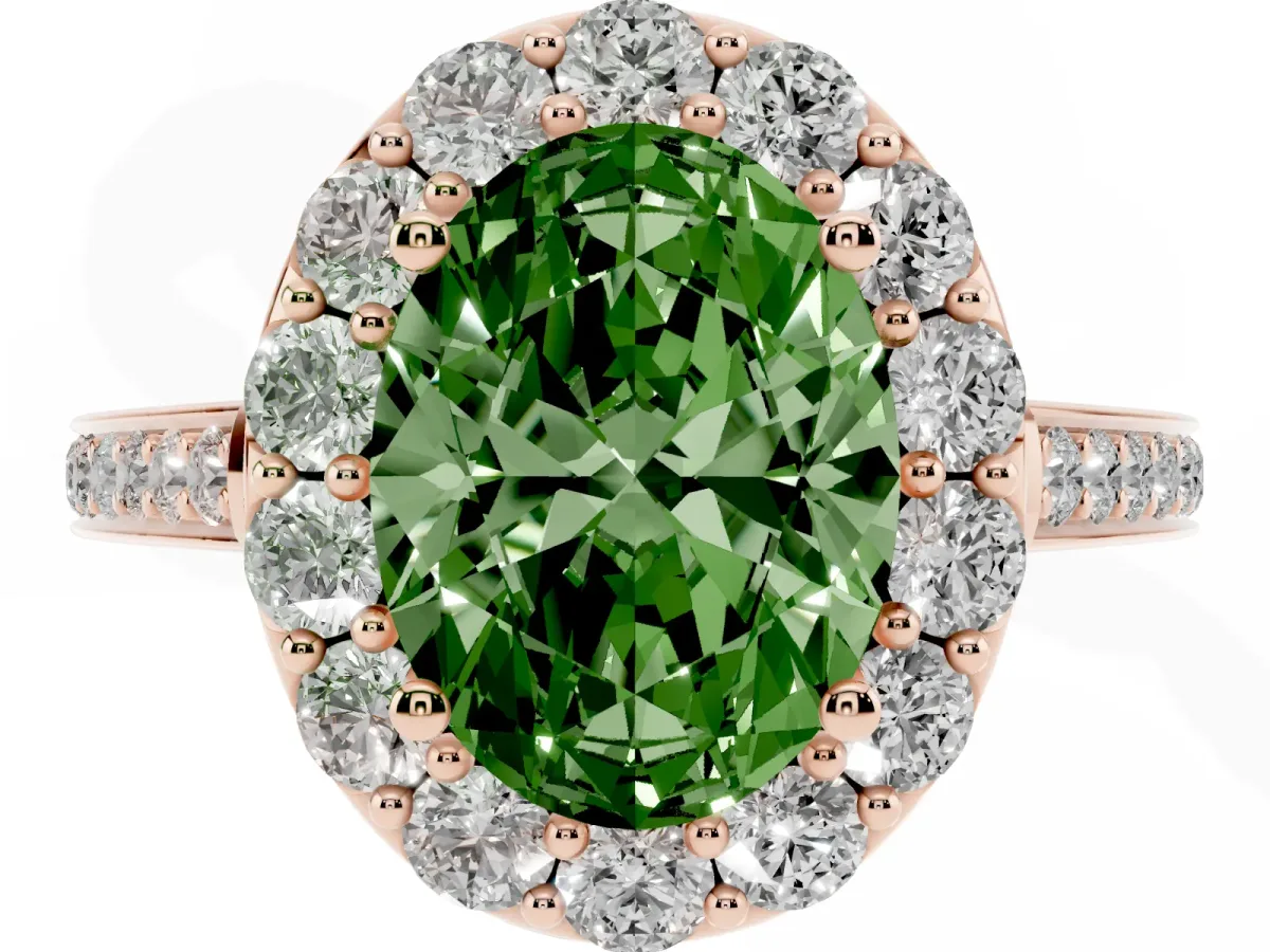 Fancy Green Oval Cut Diamond Floral Halo Ring with Pavé Band and Prong Setting Rose gold
