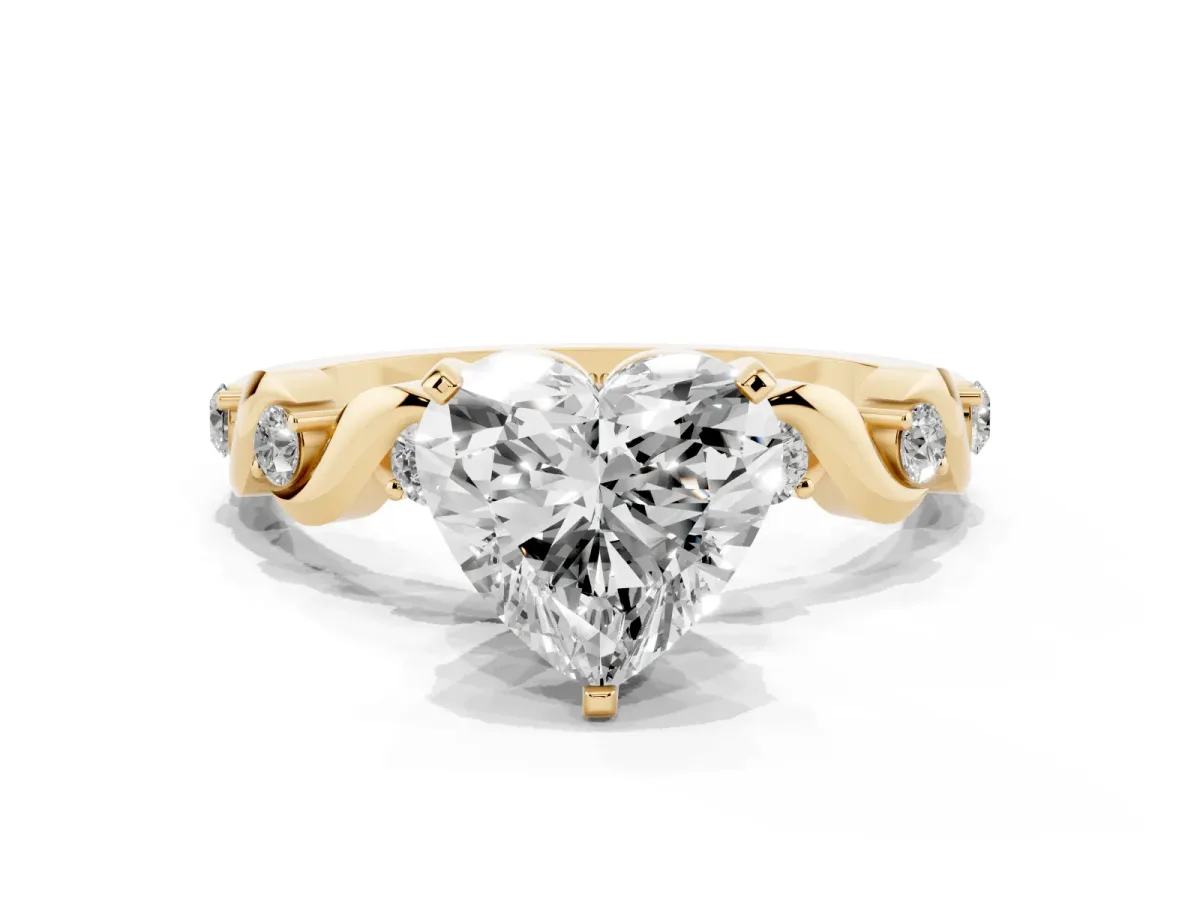 Heart Cut Diamond Solitaire Twisted Band with Round Accents and Prong Setting Yellow gold