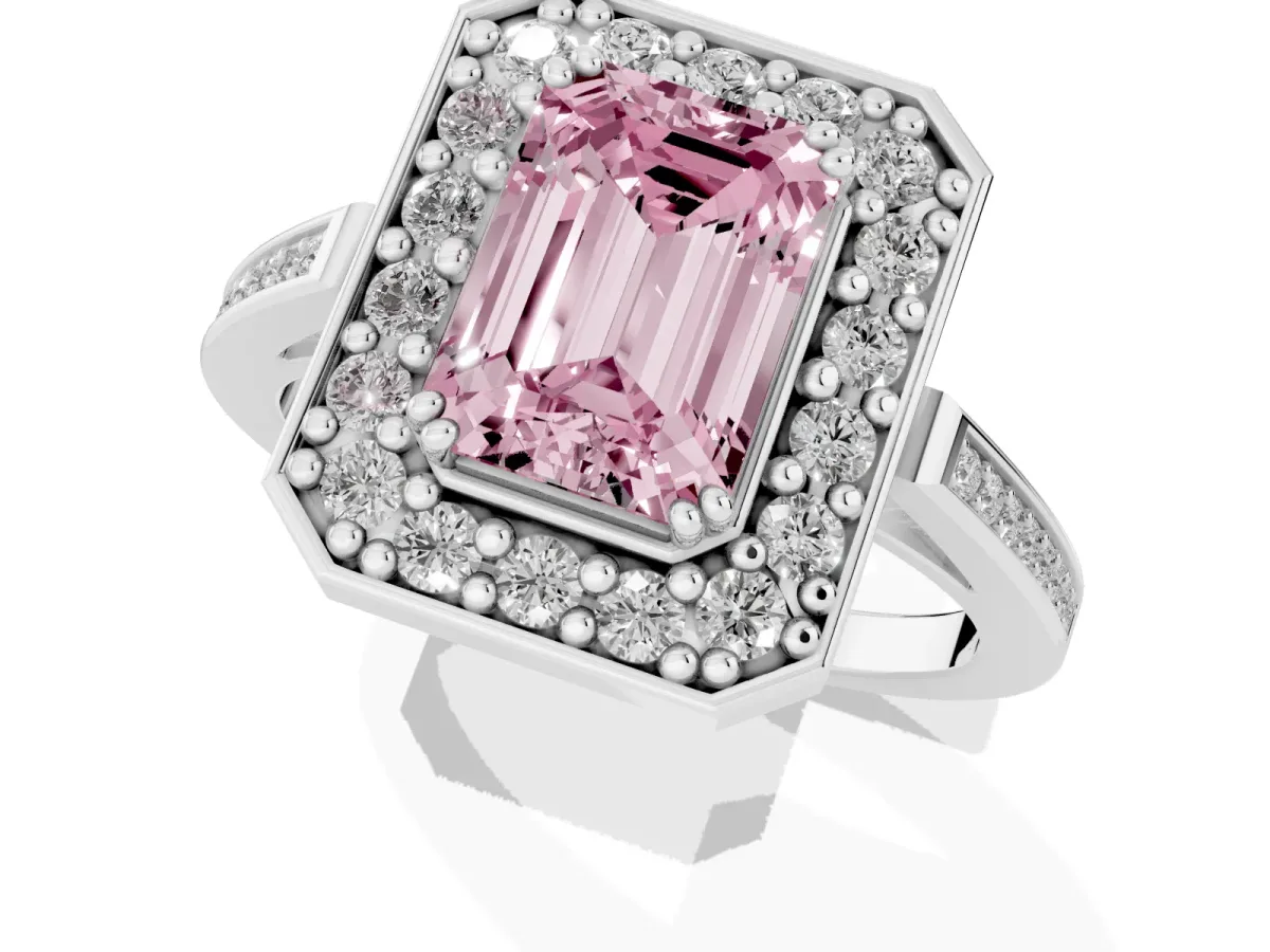 Fancy Pink Emerald Cut Diamond Halo Ring with Split Shank and Four-Prong Setting Silver
